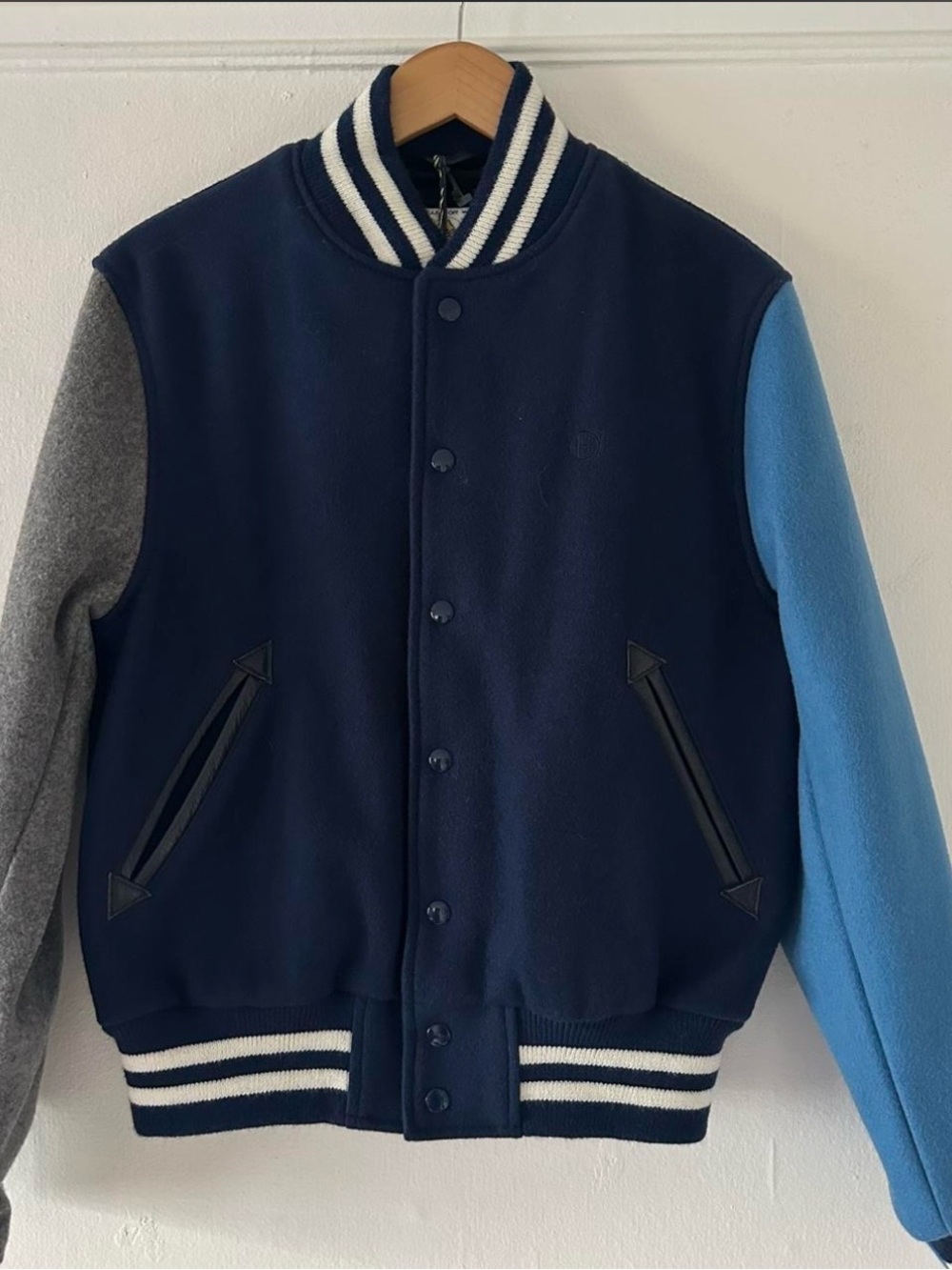 Huf x Golden BearNavy Colorblock Varsity Jacket with Gray and Light Blue Sleeves